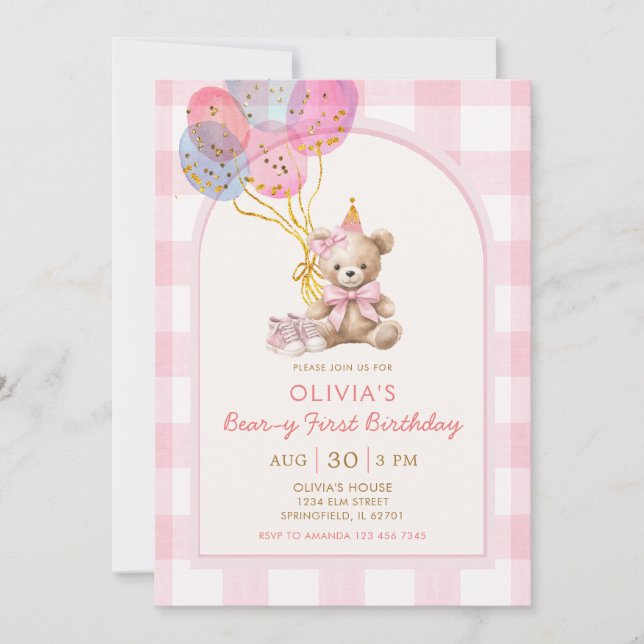 Invitación Bear Balloon Pink Gingham Beary First Birthday (Anverso)
