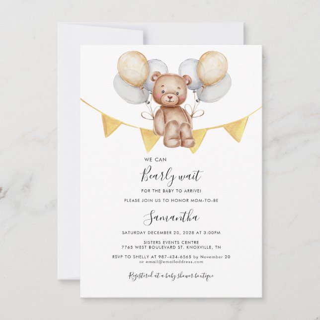 Invitación Bear Balloons Baby Shower moderno (Anverso)