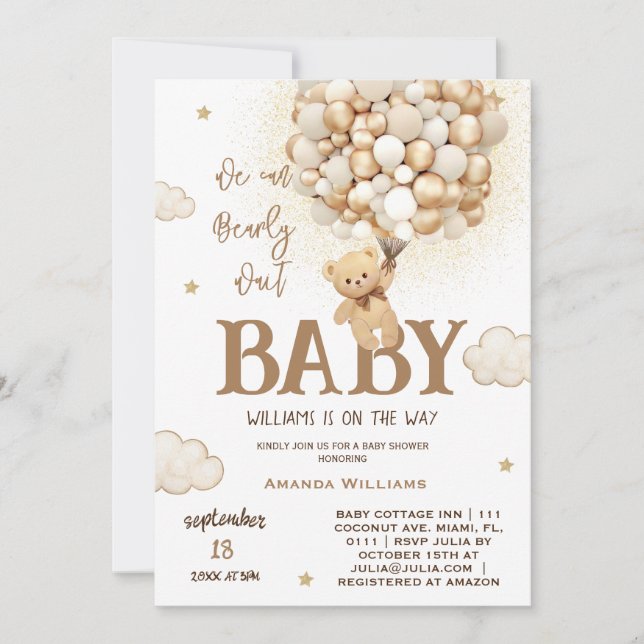 Invitación Bear Balloons Bearly Wait Baby Shower (Anverso)