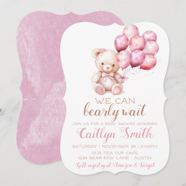 Invitación Bear Balloons Bearly Wait Baby Shower Chica (Anverso / Reverso)