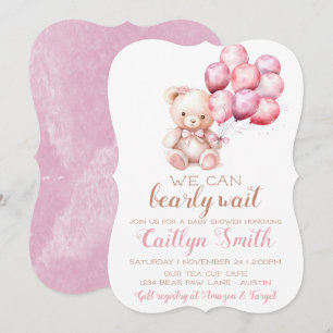 Invitación Bear Balloons Bearly Wait Baby Shower Chica