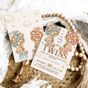 Invitación Bear Balloons Bearly Wait Twins baby ducha