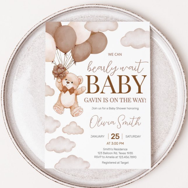 Invitación Bear Bear Bear Bear Wait Baby Shower (Brown Bearly Wait Baby Bear Balloon Baby Shower Invitation
)