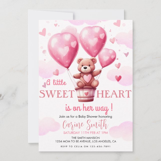 Invitación Bear Bear Pink Heart Balloon Bebé Ducha para bebé (Anverso)