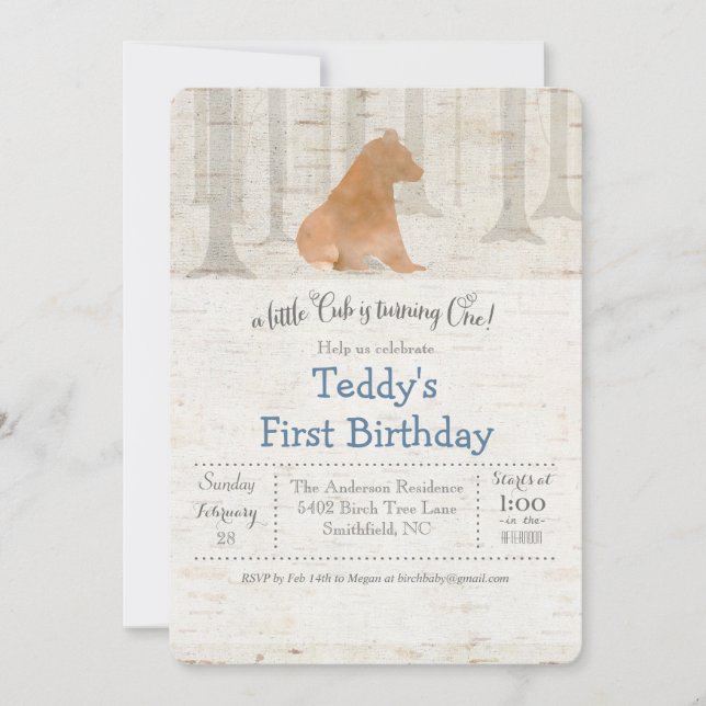 Invitación Bear Birch First Birthday Invitation (Anverso)