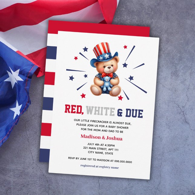 Invitación Bear Blanco Rojo Vencido Chico Baby Shower 4 De Ju (Bear Red White Due Boy Baby Shower 4th Of July Invitation
)
