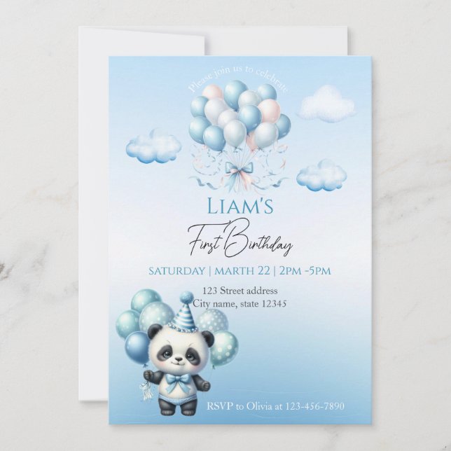 Invitación Bear Blue Balloons Niños Cumpleaños (Anverso)