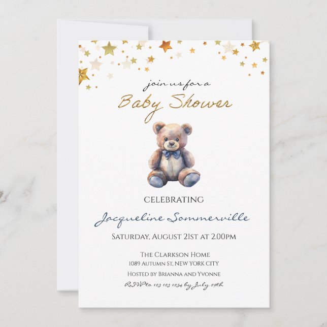 Invitación Bear Blue Bow Tie Baby Shower Es un niño (Anverso)
