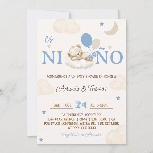 Invitación Bear Blue Boy Baby Shower español (Anverso)