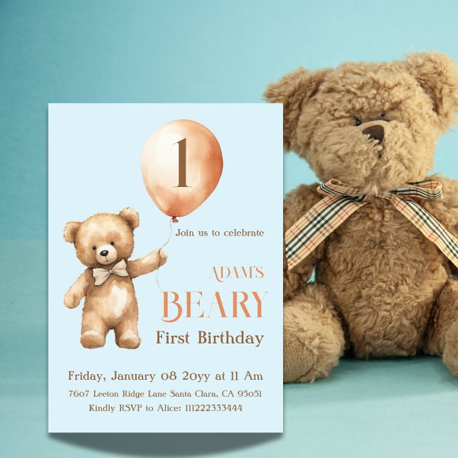 Invitación Bear Blue Boy Beary 1er cumpleaños (Subido por el creador)