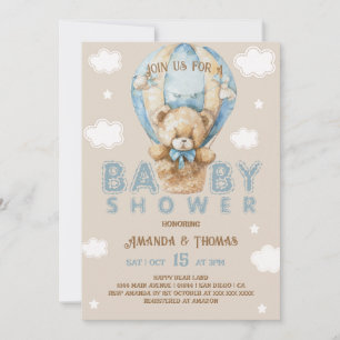 Invitación Bear Blue Hot Air Balloon Boy Vintage Baby Shower