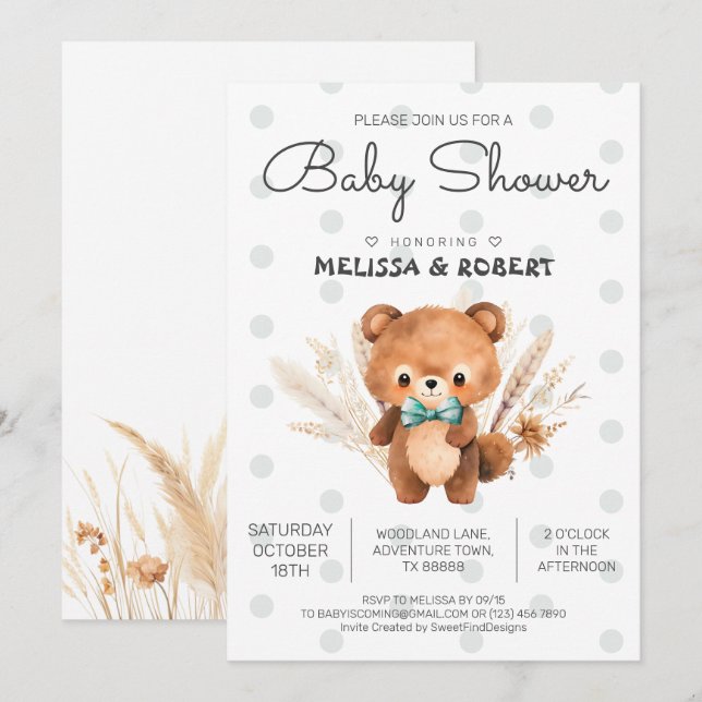 Invitación Bear Boho Baby Boy Shower (Anverso / Reverso)