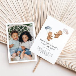 Invitación Bear Boy Chicas gemelos - Foto Primer cumpleaños