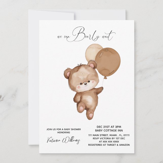 Invitación Bear Brown Bearly Wait Baby Shower (Anverso)