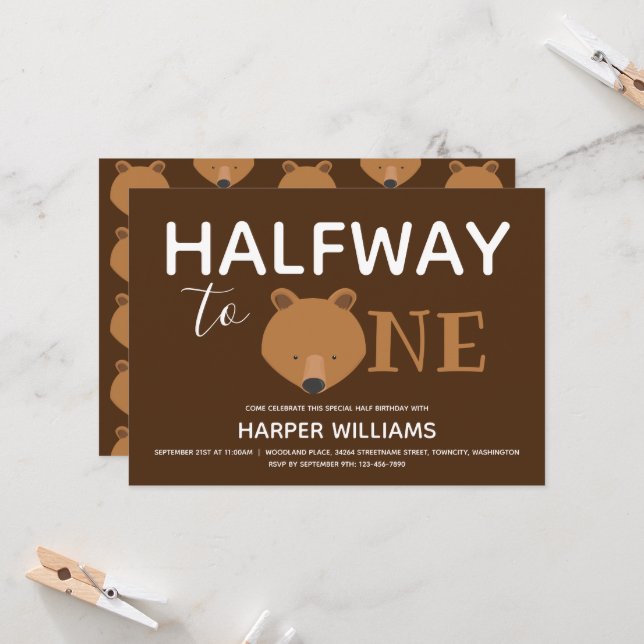 Invitación Bear Brown Seis Meses Bebé Medio Cumpleaños (Anverso/Reverso In Situ)