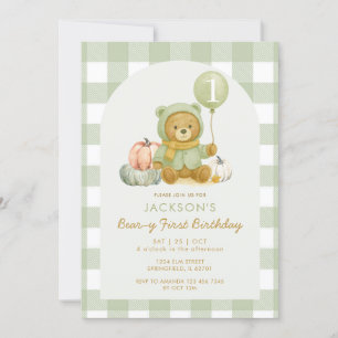 Invitación Bear calabaza Sage Green Beary Primer cumpleaños