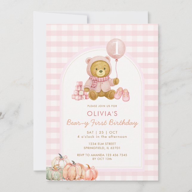 Invitación Bear Calabaza suave Beary rosa primer cumpleaños (Anverso)