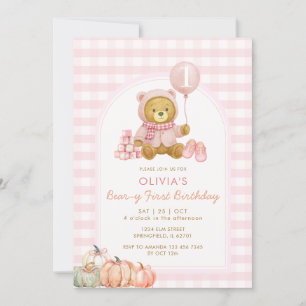Invitación Bear Calabaza suave Beary rosa primer cumpleaños