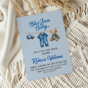 Invitación Bear Clothesline Blue Jean Baby Denim Baby Shower