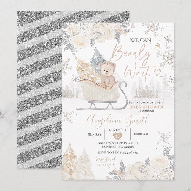 Invitación Bear Creamy White Snowflake Floral Baby Shower (Anverso / Reverso)