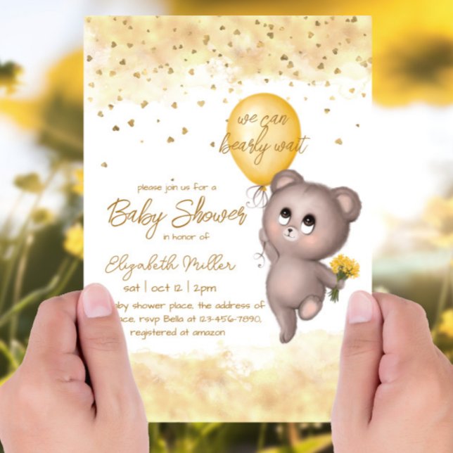 Invitación Bear Cub Balón Amarillo Género Baby Shower Neutral (Subido por el creador)