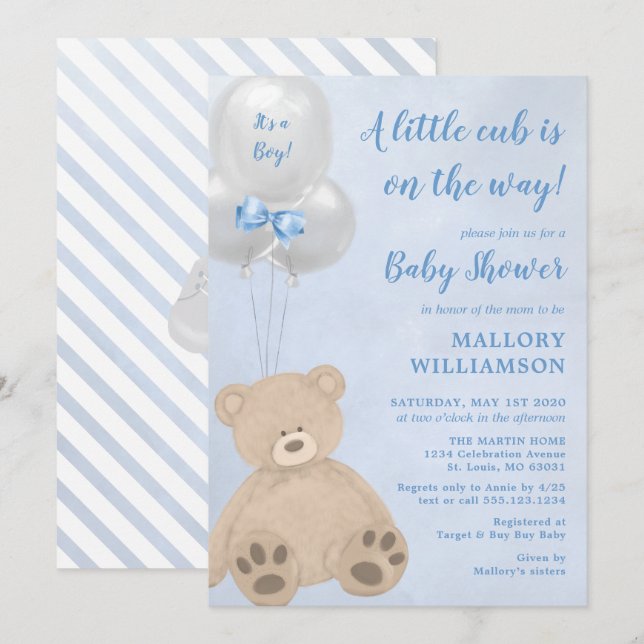 Invitación Bear Cub Boy Baby Shower (Anverso / Reverso)