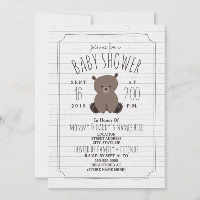Invitación Bear Cub Gray Wood Baby Shower (Anverso)