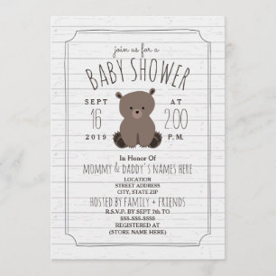 Invitación Bear Cub Gray Wood Baby Shower