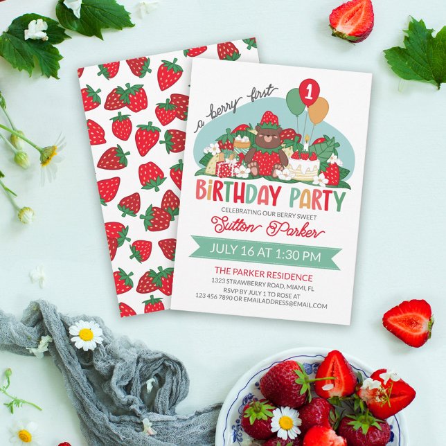 Invitación Bear Cub Red Strawberry Berry Primer Fiesta de cum (Subido por el creador)