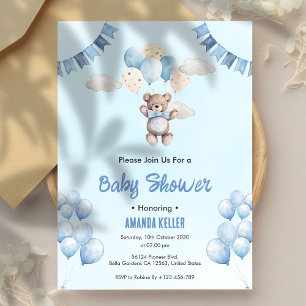 Invitación Bear de peluche azul y Baby Shower de nubes
