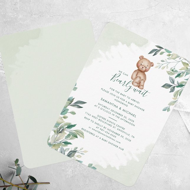Invitación Bear Eucalyptus Foliage Parejas Baby Shower (We Can Bearly Wait Bear Eucalyptus Baby Shower Invitation)
