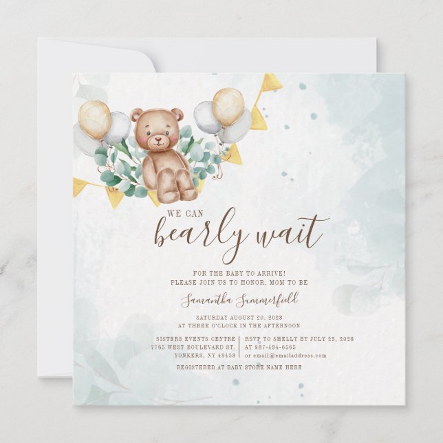 Invitación Bear Eucalyptus Foliage Watercolor Baby Shower (Anverso)