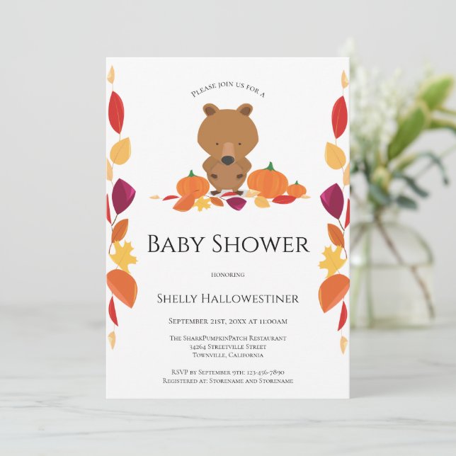 Invitación Bear Fall Pumpkin Baby Shower (Anverso de pie)