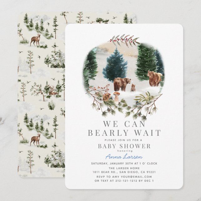 Invitación Bear Family Bearly Wait Winter Baby Shower (Anverso / Reverso)