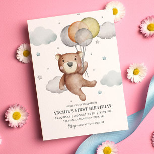 Invitación Bear First Birday Invitation Balloon Cute