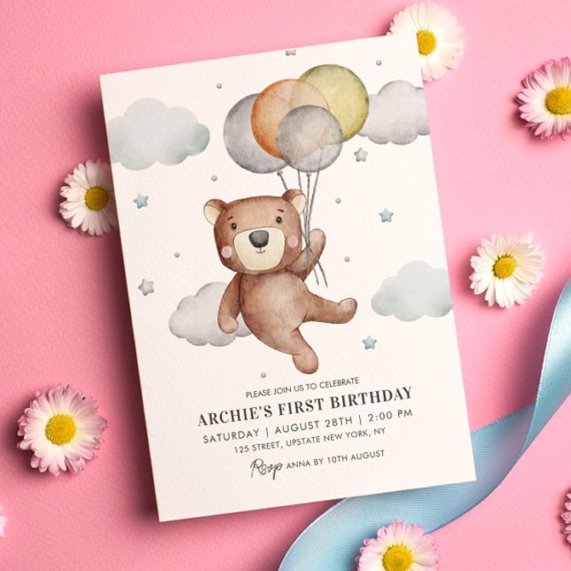 Invitación Bear First Birday Invitation Balloon Cute (Baby Bear Teddy 1st Birthday Invitation Simple Cute and Modern Template )