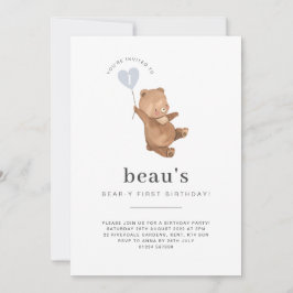 Invitación Bear First Birthday Invitation Blue Heart Balloon