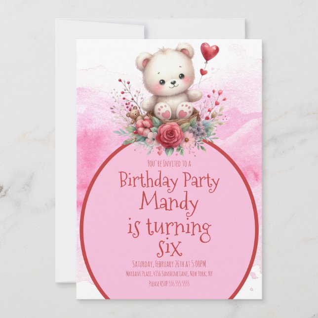 Invitación Bear Floral Watercolor Rojo Cumpleaños (Anverso)