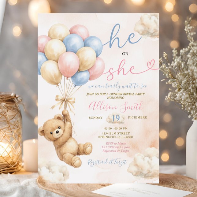 Invitación Bear Gender Reveal Pink and Blue Balloon (Subido por el creador)