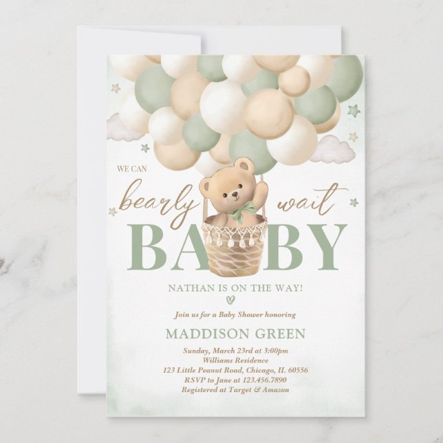 Invitación Bear Green Hot Air Balloon Baby Shower (Anverso)