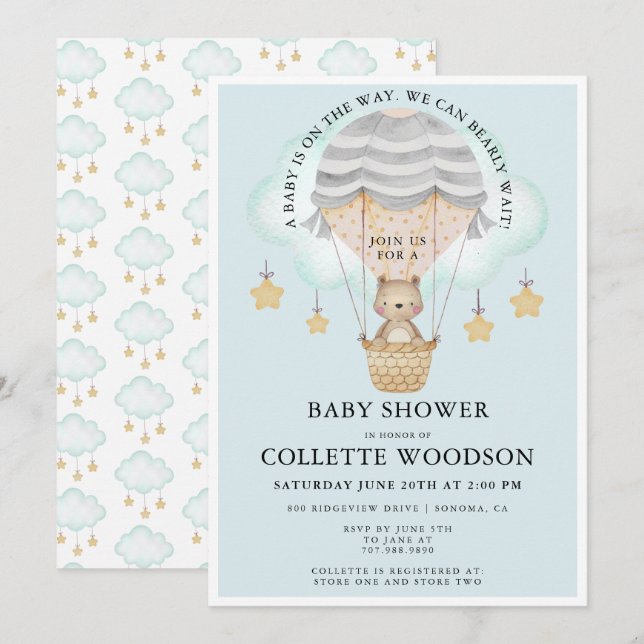 Invitación Bear Hot Air Balloon Boy Baby Shower (Anverso / Reverso)