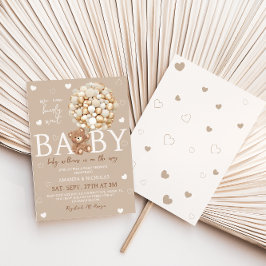 Invitación Bear Light Brown Gold Balloons Baby Shower