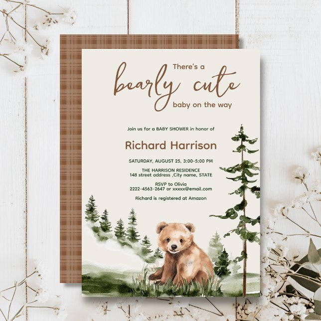 Invitación Bear lindo bosque acuático con ducha de bebé (Adventure awaits cute watercolor bear, green forest, woodland theme baby shower invitation )