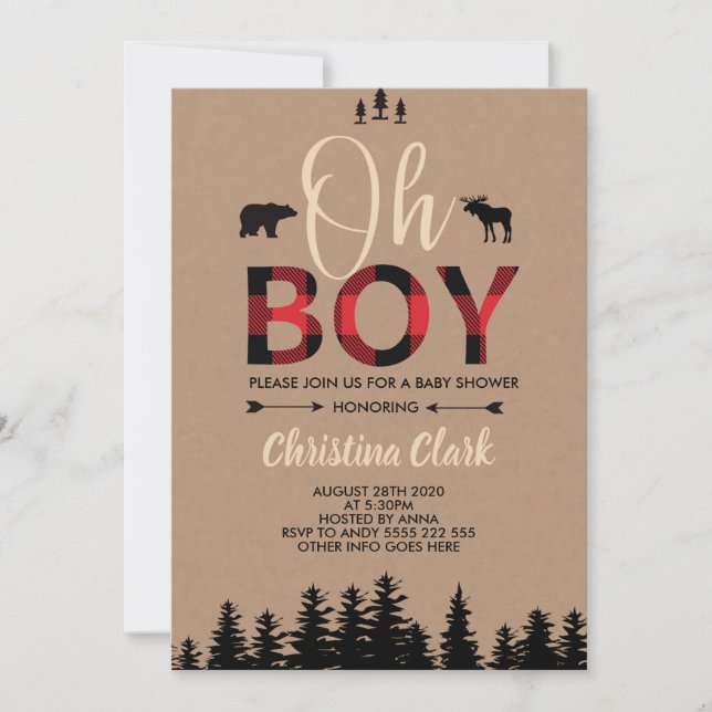 Invitación Bear Lumberjack Red Flannel Boy Baby Shower (Anverso)