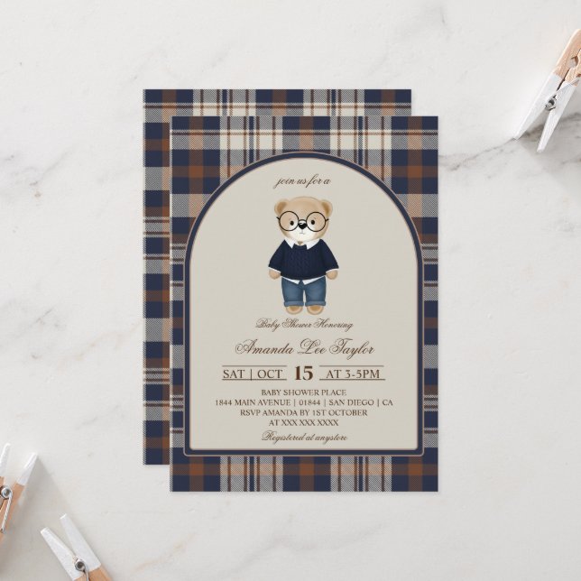 Invitación Bear Luxury Plaid Boy Baby Shower (Anverso/Reverso In Situ)