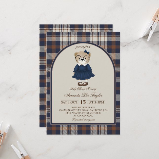 Invitación Bear Luxury Plaid Girl Baby Shower (Anverso/Reverso In Situ)
