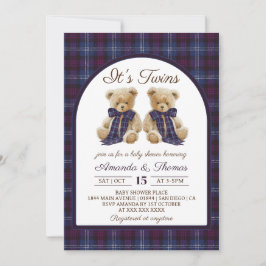 Invitación Bear Luxury Tartan Twins Baby Shower