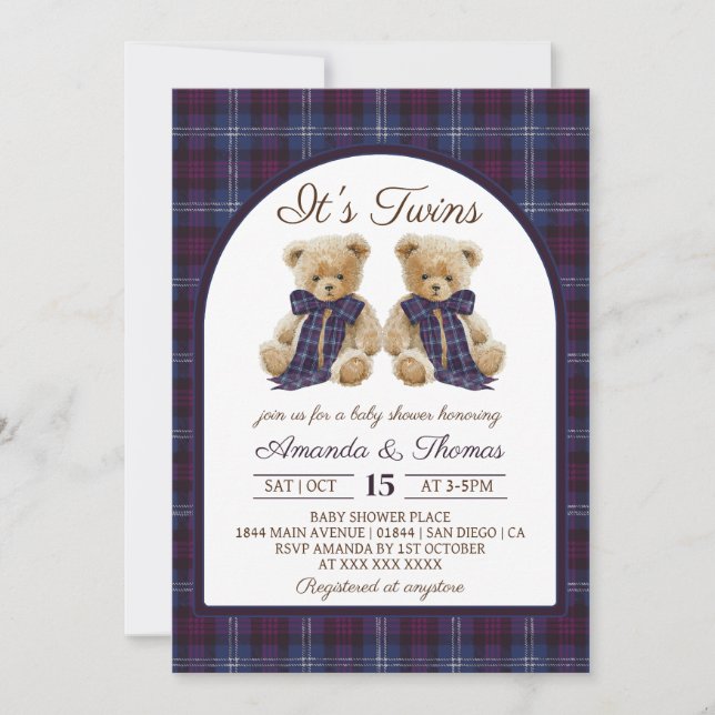 Invitación Bear Luxury Tartan Twins Baby Shower (Anverso)