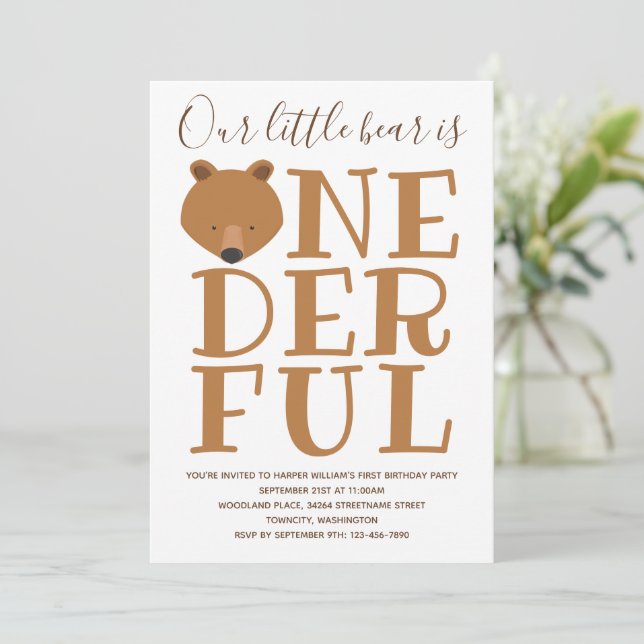 Invitación Bear Maravilloso Un Primer Cumpleaños (Anverso de pie)