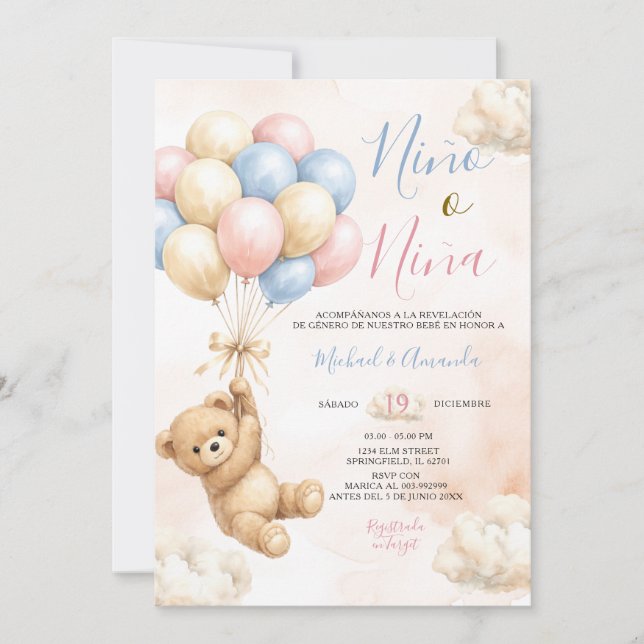 Invitación Bear Niña o Niño Gender Reveal Pink and Blue (Anverso)
